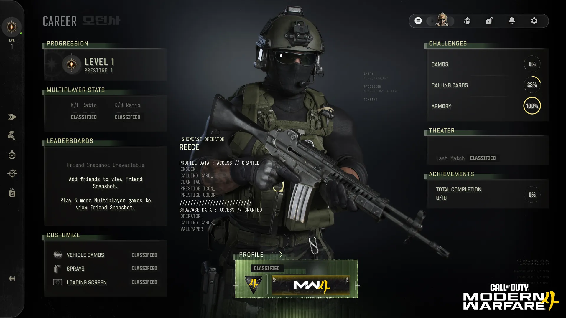 Official MW4 Career screen: Multiplayer Stats with W/L and K/D labels, both shown as CLASSIFIED.