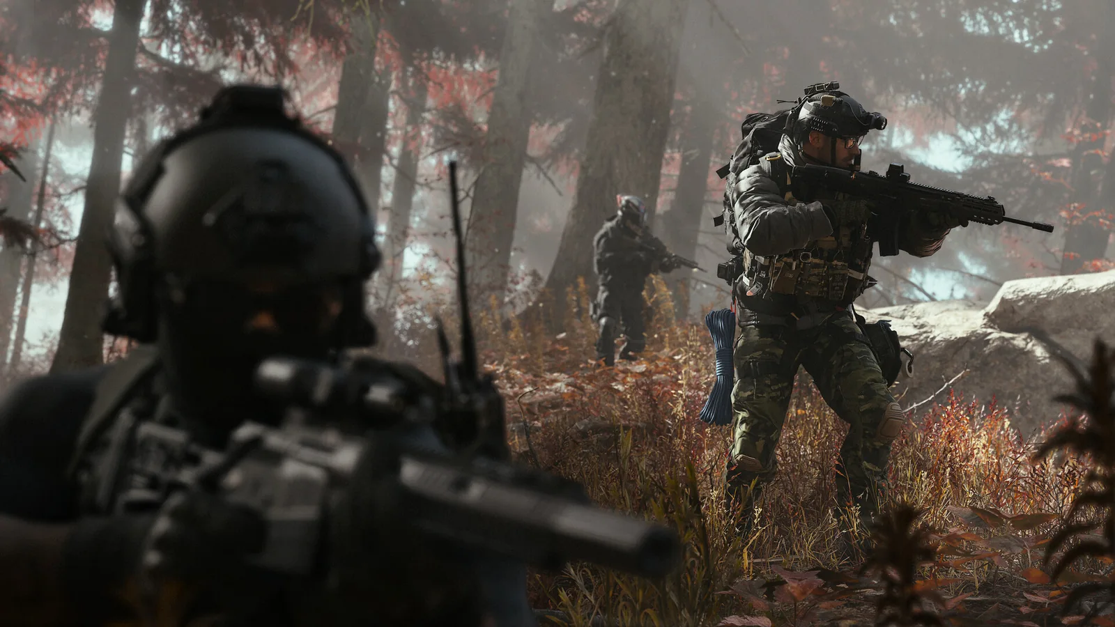 Official Modern Warfare 4 promotional scene of an armed squad patrolling autumn woodland, accompanying the DMZ overview.
