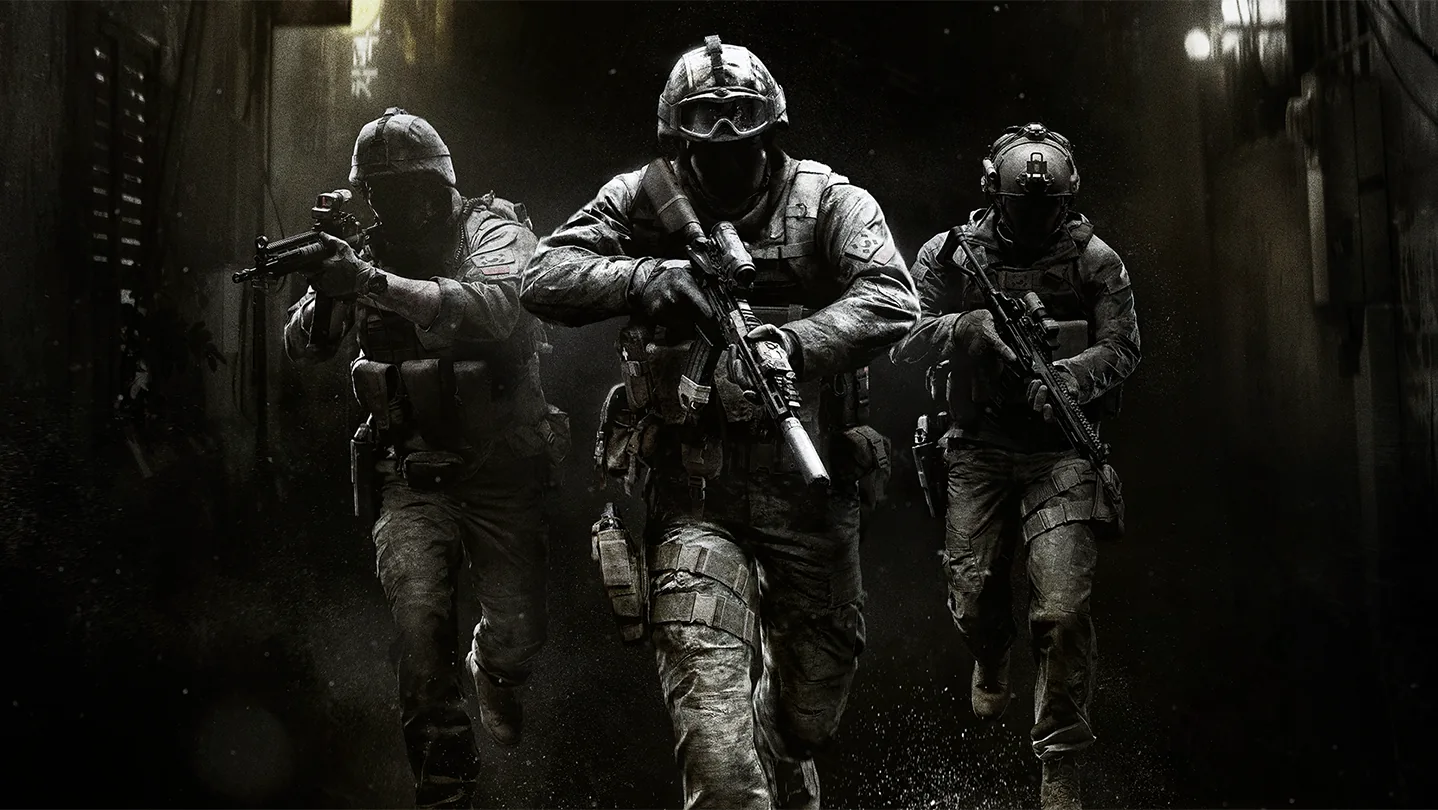 Official Modern Warfare 4 promotional artwork of an armed squad advancing through a dark urban setting.