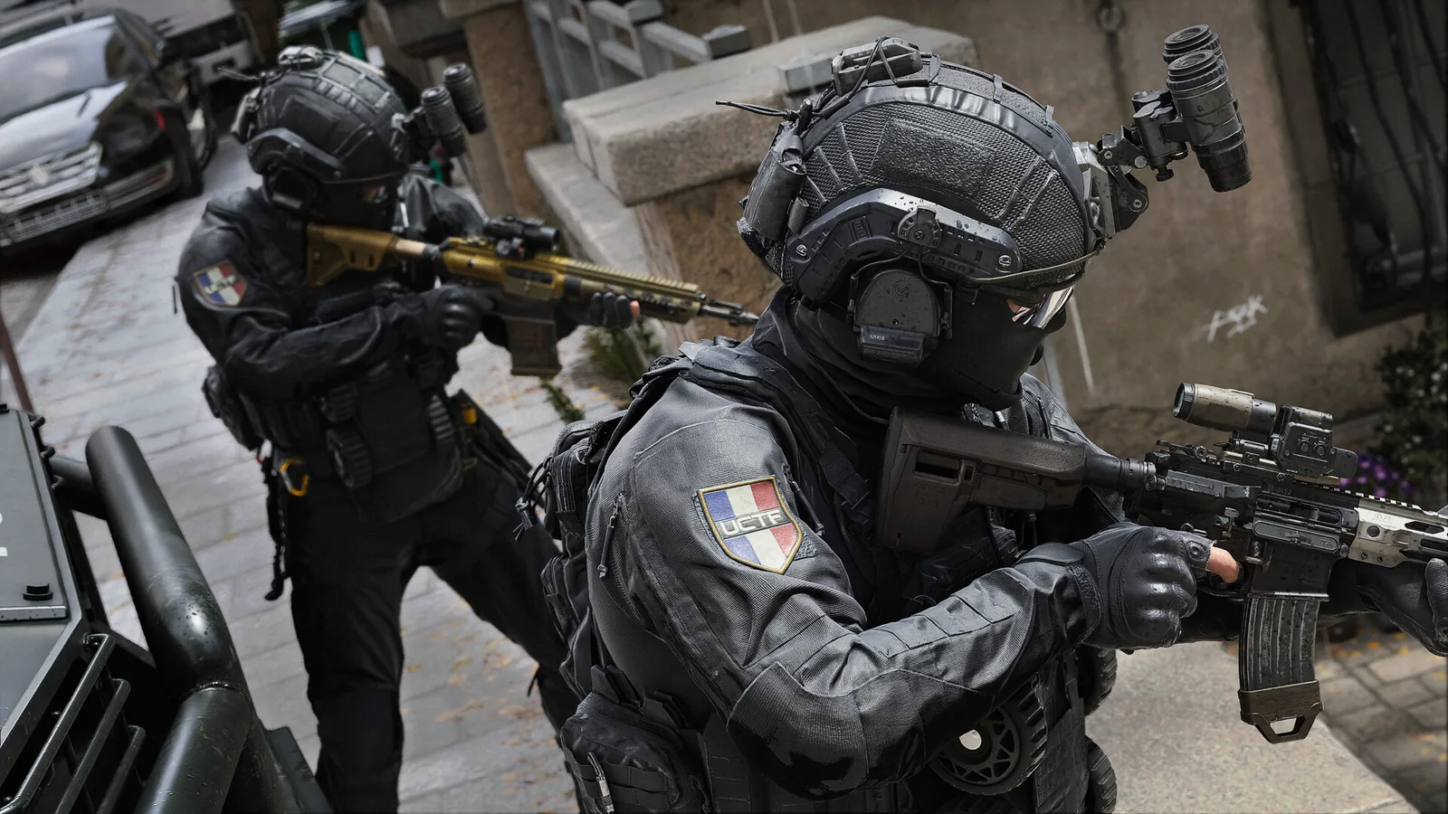 Official Modern Warfare 4 promotional scene of an armoured squad advancing through a city street.